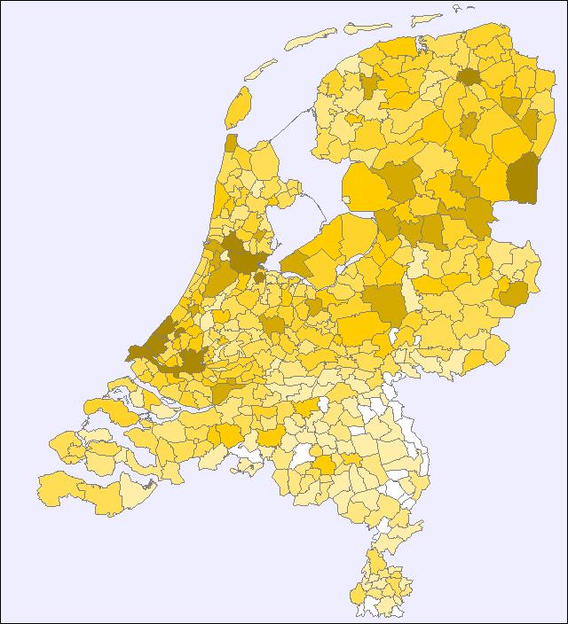 aantal inwoners met de naam prins per gemeente weergegeven op een kaart van nederland