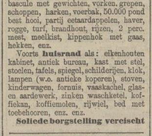 verkoping van boerenvoortvaring en huisraad door de erven Aalt Prins in Den Hulst 11-12-1919