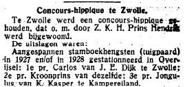artikel over een concours hippique in 1928 in kampen waarin staat dat kornelis kasper van het kampereiland in 
kampen een prijs won, in de tijd van 8 september 1928