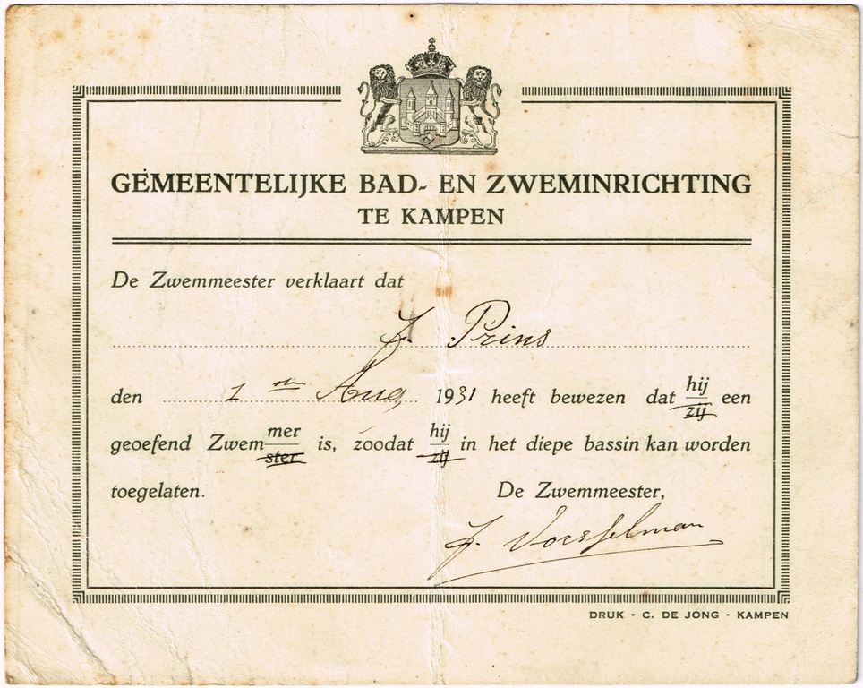 zwemdiploma van johannes prins uit kampen, kampen 01-08-1931.