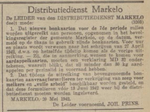 Johannes Prins uit Kampen is op 20 mei 1942 leider van de gemeentelijke distributiedienst in Markelo.