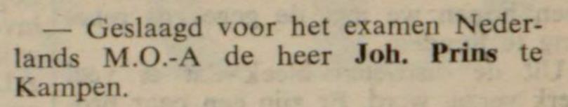 Johannes Prins uit Kampen geslaagd voor het examen Nederlands M.O.-A, 1960.