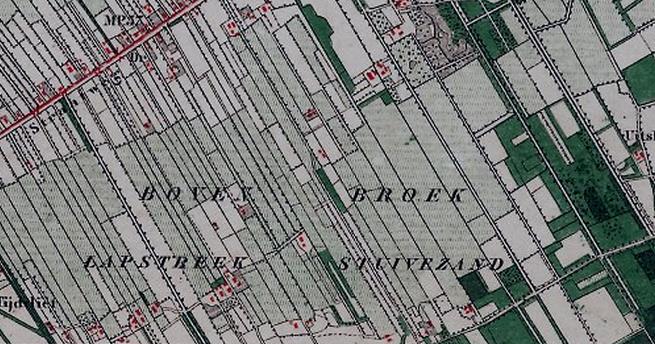 een deel van de topografische militaire kaart uit 1872 waarop is afgebeeld stuivezand in het bovenbroek bij oldebroek waar morre jans, 
opa van hendrik evertsen prins, in de zeventiende eeuw land in bezit had