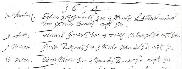 Inschrijving van het huwelijk van Evert Morren en Janne Beerts in het trouwboek van de Gereformeerde Kerk van Oldebroek, 16 maart 1634.