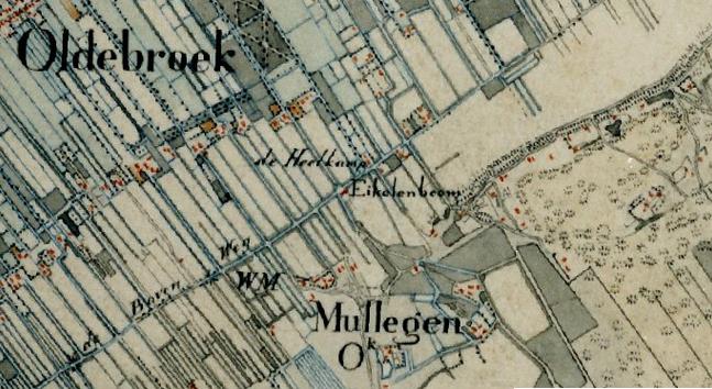 een deel van de topografische militaire kaart uit de jaren 1830 tot 1850 waarop is afgebeeld mulligen en boerderij de heetkamp in oldebroek 
waar evert morren alias evert keuyt, vader van hendrik evertsen prins, in de zeventiende eeuw woonde