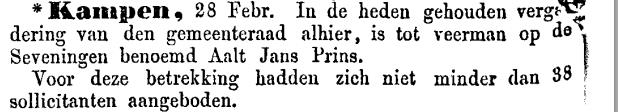 artikel over de benoeming, door de gemeenteraad van kampen, van aalt jans prins tot veerman op seveningen in de provinciale 
overijsselsche en zwolsche courant van 1 maart 1865