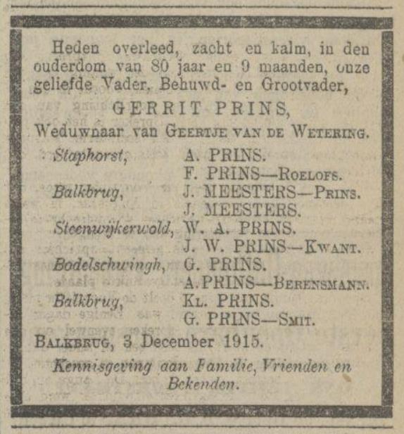 overlijdensadvertentie Gerrit Prins (1835-1915), weduwnaar van Geertjen van de Wetering