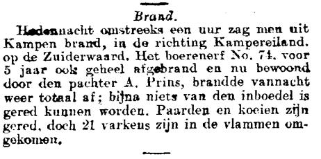 artikel over een brand in 1907 op het erf van aalt prins van de zuiderwaard op het kampereiland in kampen 
in algemeen handelsblad 16 april 1907